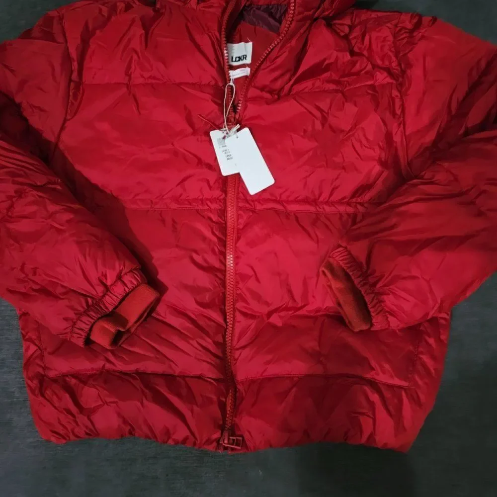 LCKR Red Full Zipper Winter Puffer Hooded Jacket For Men Size Medium